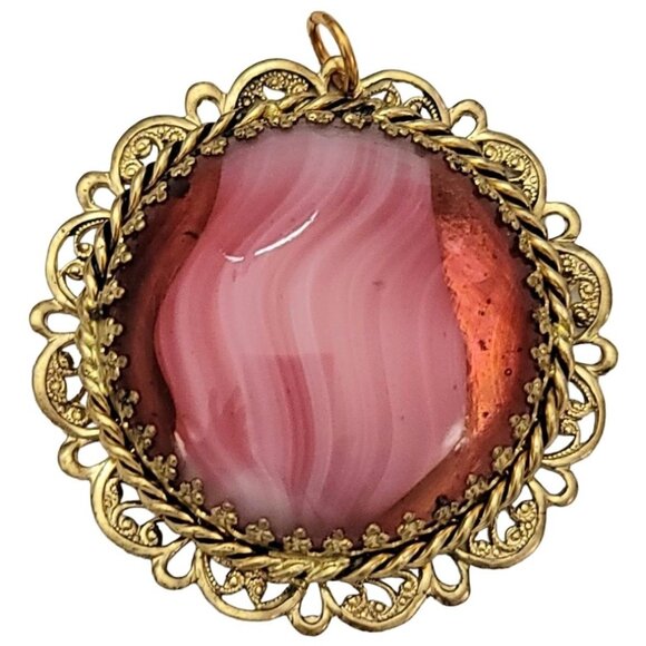 West Germany Gold Tone Filigree Pink Givre Pendant, Signed K226 - Picture 8 of 8